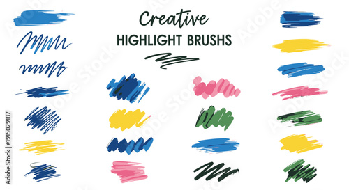 Collection of colorful creative highlight brushes in various textures and strokes isolated on white background
