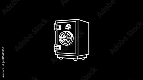 A white-outlined safe, with a combination dial and door, rests against a solid black backdrop