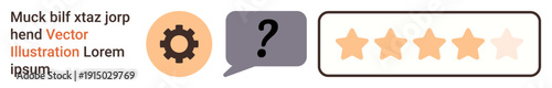 Customer experience, feedback analysis, user review, business evaluation, quality control, online rating. Gear icon, question mark star rating. Customer experience and feedback analysis concept