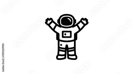 Black and white illustration of an astronaut with arms raised in a simple and abstract design