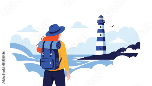Female hiker with a blue backpack and hat looking at a tall blue and white striped lighthouse by the rocky sea shore.