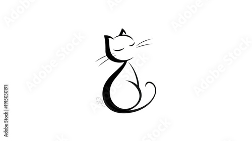 A stylized black cat illustration with closed eyes and curled tail on a stark white background
