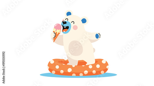 Cute cartoon polar bear sitting on an orange polka dot lifebuoy and enjoying a large pink ice cream cone in summer.