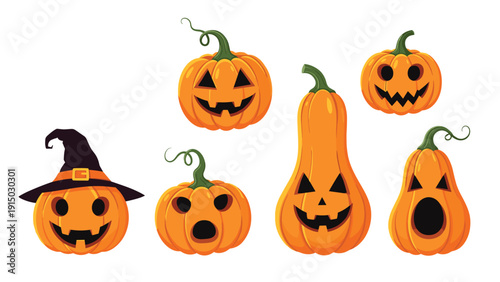 Set of different carved orange pumpkins with various facial expressions like scary, surprised, and happy faces.