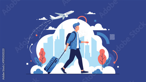 Young man travels with a blue suitcase through a stylized city environment as an airplane flies overhead in a modern flat illustration.