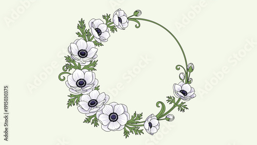 Delicate circular wreath composed of white anemone flowers and green leaves provides a clean and elegant frame on a light background.