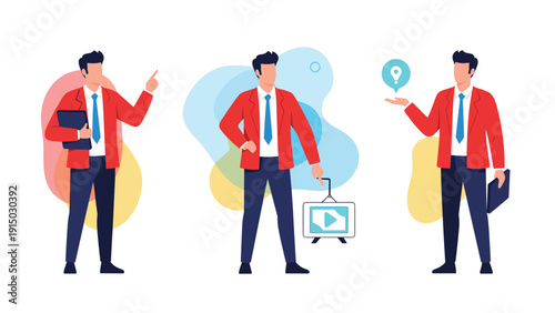 Set of professional male characters in red blazers shown in various poses such as pointing, presenting, and holding a tablet.