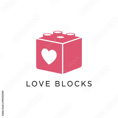 Pink toy brick with heart icon logo for dating apps and Love Blocks