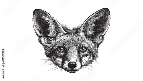 Detailed black and white sketch of a fennec fox face with large ears
