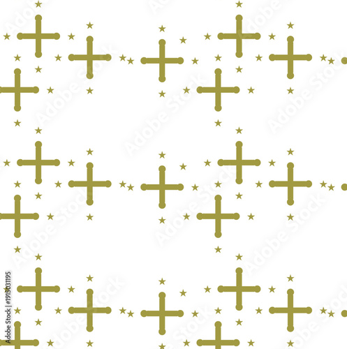 Geometric Star Patterns: a visual representation of the concept of religion or culture featuring a pattern of gold crosses and stars on a plane background.