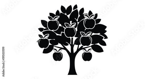 Silhouette graphic design of a bountiful apple tree bearing many ripe fruits and abundant dark foliage on a white background