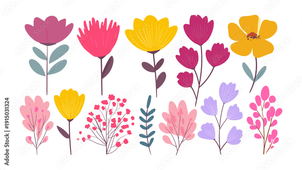 Obraz premium Collection of colorful, stylized flowers and plants in a flat design style