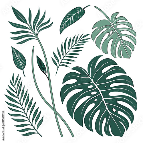 Extensive collection of stylized green leaf graphics, including tropical, forest, and garden varieties in multiple sizes, simple flat design, clean white backdrop. 2