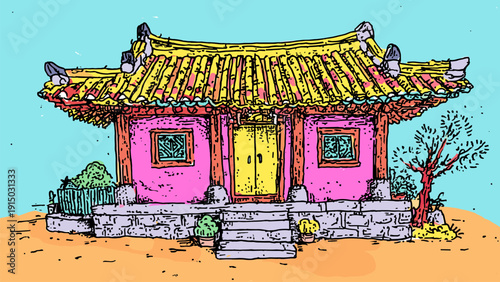 Vibrant pink traditional Korean house with yellow doors and ornate tiled roof