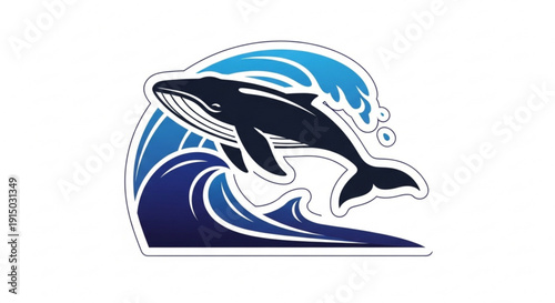 Whale jumping out of ocean wave dynamic aquatic scene with navy blue and light blue hues white outline