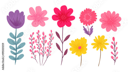 Collection of colorful hand-drawn flowers and floral elements in a flat design style