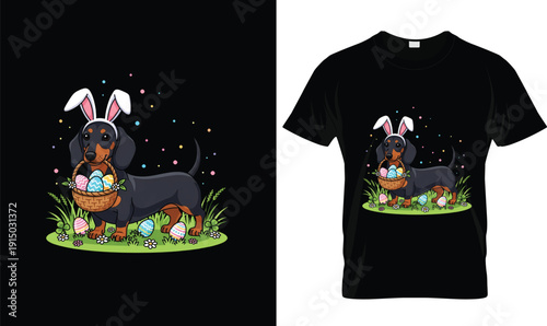 Cute Dachshund Easter Bunny T-Shirt Design with Egg Basket | Funny dog wearing bunny ears tshirt vector illustration logo for pet lover apparel, charming typography Easter holiday graphic t-shirt