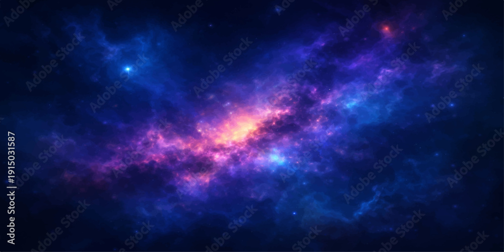 Obraz premium A deep blue abstract space background featuring a bright starry galaxy and glowing nebula clouds across the dark cosmic universe