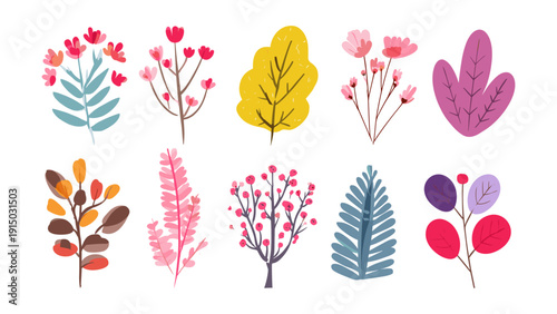 Collection of stylized botanical illustrations with vibrant colors and simple shapes