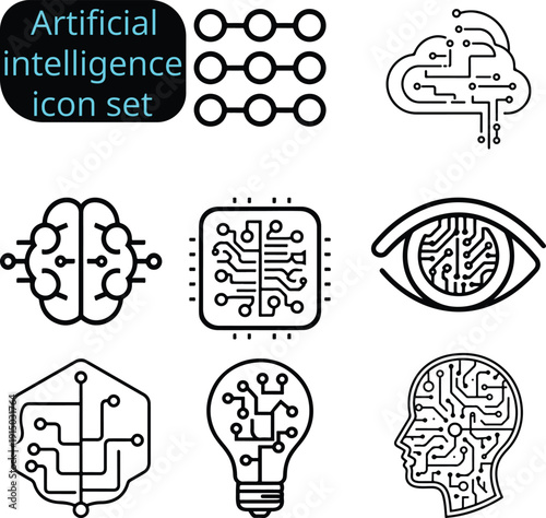 Minimal artificial intelligence icon designed in thin line style featuring a simple brain with circuit connections. Clean geometric shape, modern flat vector, monochrome color, scalable logo design.