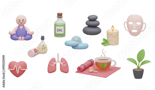 Soft 3D Wellness and Self Care Icon Set Relaxation Mindfulness EPS 10