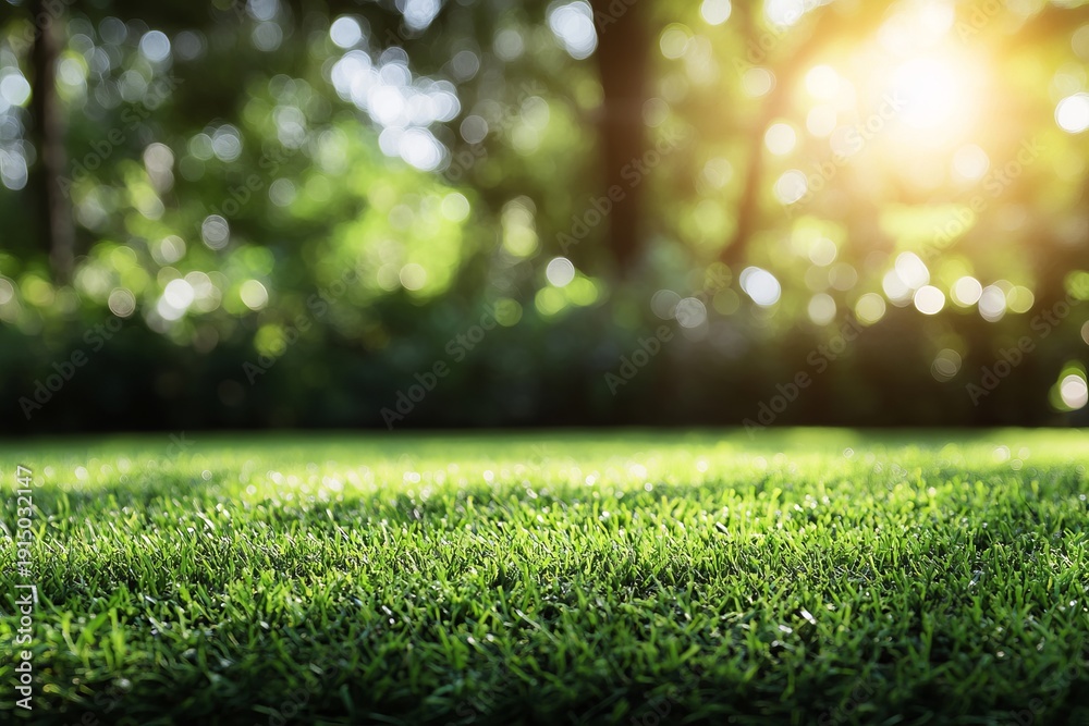 Naklejka premium Vibrant Spring Meadow with Sunlit Grass and Soft Bokeh Highlights for Nature-Themed Backgrounds