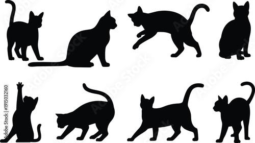 Black cat silhouette collection isolated on white background, various feline poses cartoon style vector illustration set