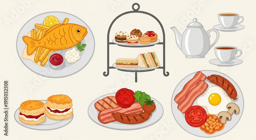 Variety of breakfast dishes and pastries on plates and teacups with tea