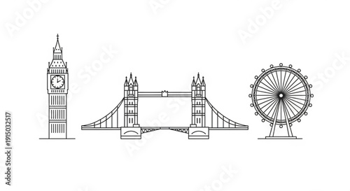 London landmarks illustration big ben tower bridge london eye in black and white line art