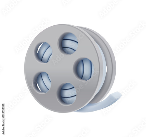 Classic film reel, filmmaking industry equipment. Vector in 3d style, isolated icon of retro movie strip with frames. Vintage multimedia for theaters and broadcasting tapes for cinematography