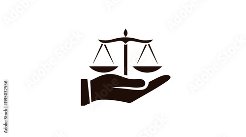 Symbol of law and justice a hand holding scales.  Monochromatic design on white backdrop