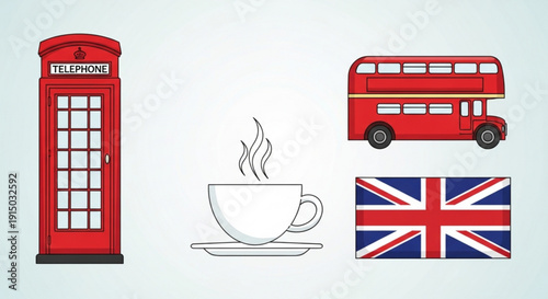 British symbols collection with telephone booth bus tea cup and uk flag on light background
