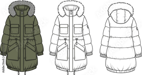 Winter Puffer Parka Jacket Technical Flat Sketch, Heavy Hooded Outerwear Vector Template with Faux Fur Trim, Front and Back Views, Olive