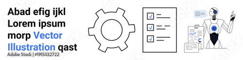 Robot verifies checklist on paper, symbolizing automation and AI efficiency. Includes gear, checklist, robots decision-making touch. Ideal for AI, technology, workflow, automation data innovation