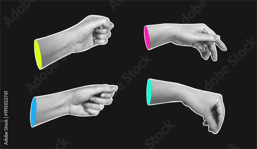 Halftone hand set in grayscale style. Vecto palms with fingers, monochrome gestures of giving or taking. Help or assistance sign. Non verbal communication, bodyare movements. Speech or convey emotions