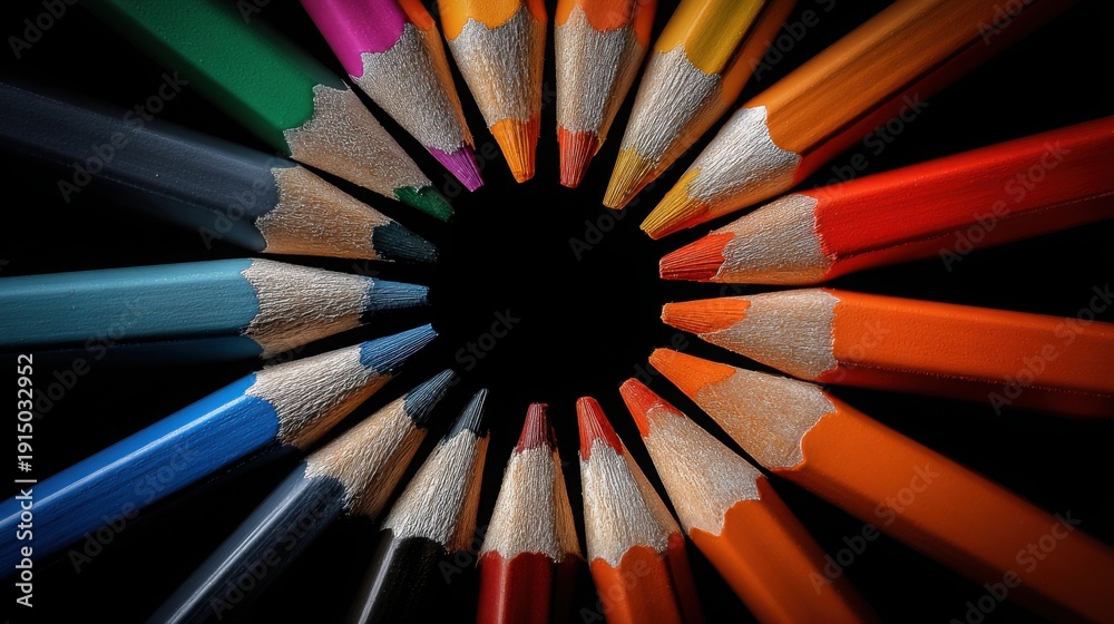 Fototapeta premium hyper realistic colorful pencils arranged in perfect circular pattern on black background, sharp tips facing center, strong graphic symmetry, bold