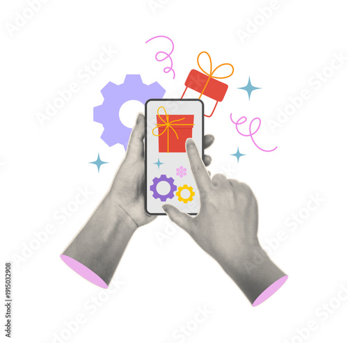 Halftone hands holding smartphone displaying gift box and gear icons on screen. Vector app customization or promotional rewards, system updates or user settings. Mobile or loyalty programs