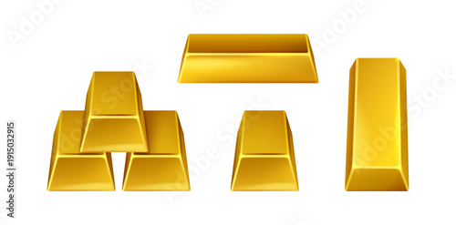 Ingot or golden bars, financial assets and savings. Vector isolated pile of gold, realistic precious metal or stone. Wealth and richness, economic growth or luck. Success and award, earnings treasury