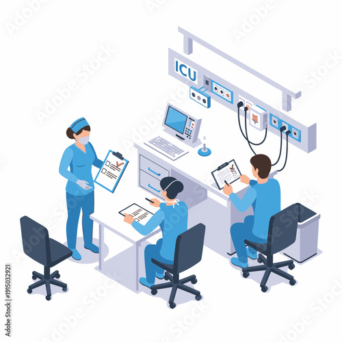 Medical professionals in blue scrubs collaborating in an ICU setting, reviewing patient charts and monitoring equipment.