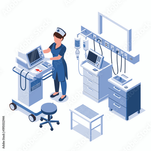 A nurse operates medical equipment in a sterile hospital room, showcasing advanced technology for patient care.