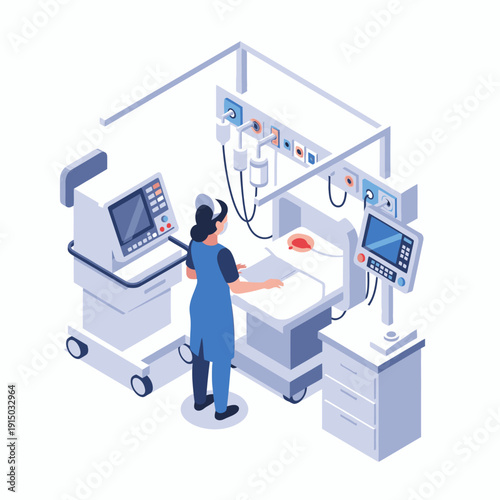 An isometric illustration of a medical operating room with a surgeon preparing for a procedure.
