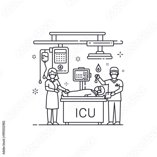 Intensive Care Unit (ICU) scene with medical professionals attending to a patient on a bed, surrounded by advanced medical equipment.