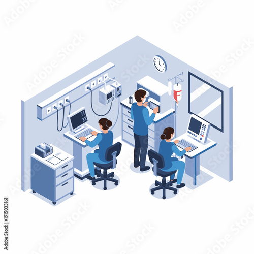 Medical professionals working together in a modern hospital room.