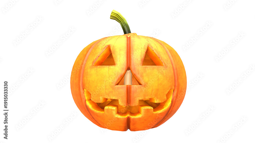 Obraz premium Classic Carved Jack O Lantern Pumpkin with Candle Glow Isolated on PNG Background – Traditional Halloween 3D Render