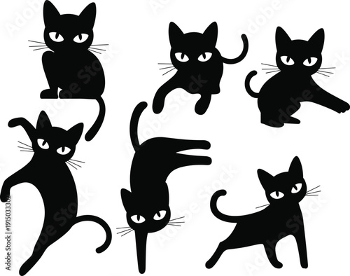 Set of black cat silhouettes in playful poses isolated on white background, cute cartoon feline vector illustration