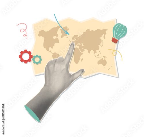 New place to travel, traveling destination or trips. Vector style isolated halftone collage of hand pointing on country in map. Adventures await, wanderlust and exploring world locations