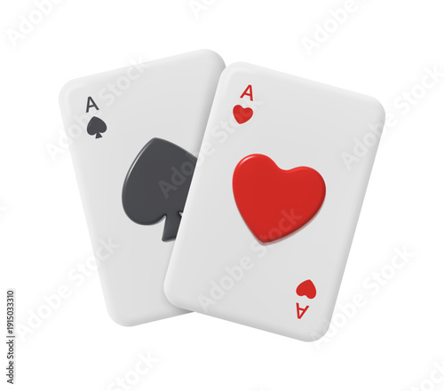 Playing cards, ace of spades and hearts. Vector in 3d style, isolated casino entertainment, betting and winning. Blackjack or poker games for gambling. Taking risks and chances, gambler luck