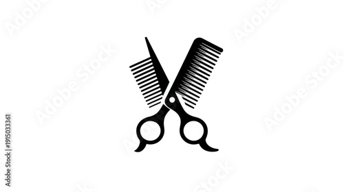 A simple, black-and-white graphic of crossed combs and barber scissors