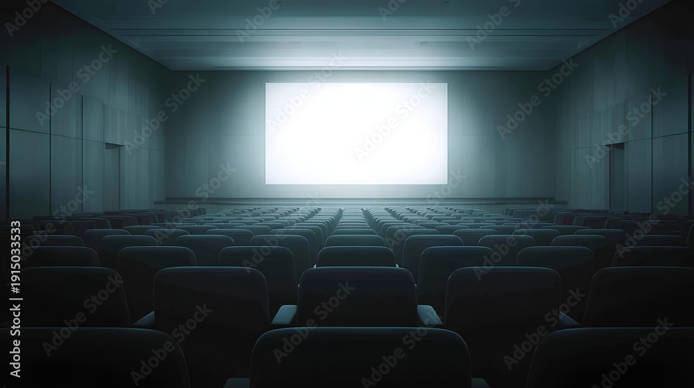 Fototapeta premium Silent Stage: A cinematic auditorium bathed in an eerie blue glow, rows of empty seats lead the eye towards a radiant screen, creating an atmosphere of anticipation and solitude.