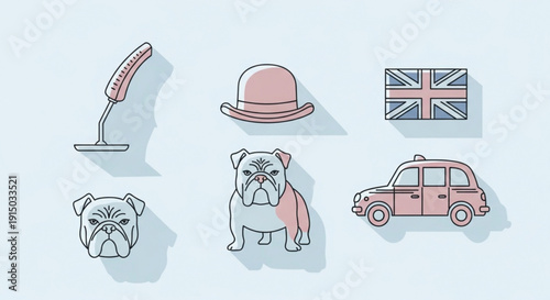 British symbols and icons bulldog taxi flag and bowler hat on light blue background with pink accents